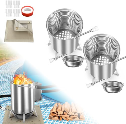 LARS360 Lot de 2 chauffages de piscine à bois de chauffage 32/38 mm - Raccords de chauffage avec feu - En acier inoxydable - Avec spirale chauffante - Seau chauffant avec tapis et sac résiduel - Bac