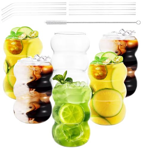 GBACHOOSE 6er Set Bubble Gläser 500ml, Gerippte Gläser mit Strohhalm, Matcha Glas, Aesthetic gläser, Matcha Latte Glas für Cocktails, Limonade, Saft, Whisky