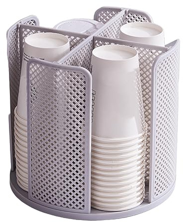 Yallmie Rotatable Coffee Cup Lid Organizer with 4 Compartments Paper Cup Dispenser Holder Rack Durable Paper Cup Storage for Countertop Home Office Coffee Shop (Grey)