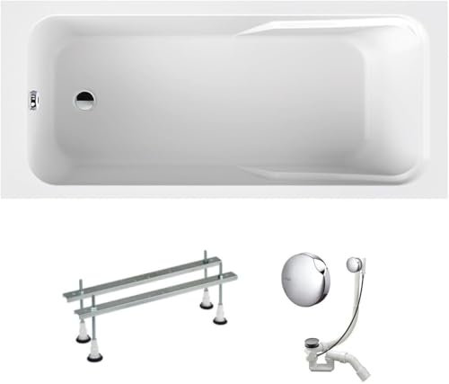 VBChome Baignoire 150 x 70 cm - Blanc - En acrylique - Pieds de baignoire - Siphon - Design moderne - Chromé