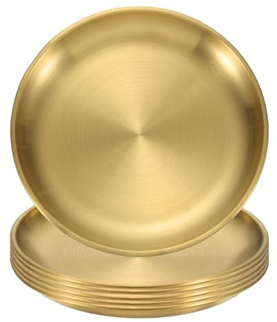sourcing map 6Pcs Stainless Steel Dinner Plates, 5.5 Round Serving Plate Dishes Set Flat Metal Dinner Dishes Plate for Restaurants Kitchen Dessert Salad Food Outdoor Camping, Gold