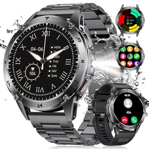 LIGE Militär Smartwatch Herren mit LED-Licht,1,43 HD AMOLED Smartwatch mit Telefonfunktion,Fitnessuhr,Schwarze Uhr mit 130+ Sportmodi,Herz-/Schlaftracking,IP68 wasserdicht sportuhr für iOS/Android