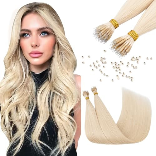 Elailite Hair Extensions Real Human Hair Nano Ring Nano Beads Cold Fusion 50 Strands 35g Straight (#70 Bleach White, 24 Inch)