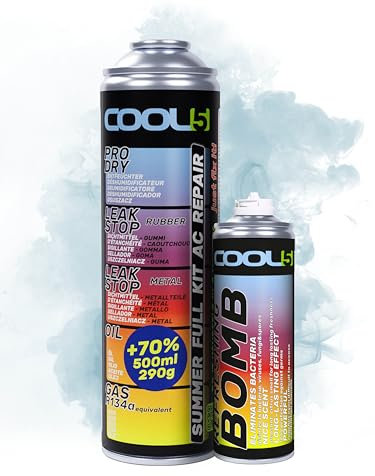 COOL5 5in1 - Kit di riparazione dell'aria condizionata, AC, sostituzione del refrigerante R134a, per la ricarica dell'aria condizionata per auto 1995-2016 + bomba rinfrescante + APC 500ml