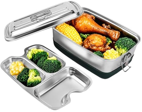 Boarle Lunchbox aus Edelstahl, 2000 ml, doppellagig, Bento-Box mit 3 Fächern und Silikondichtung, ideal für Erwachsene, auslaufsicherer Lebensmittelbehälter, perfekt für Mahlzeiten, Suppe, Salat