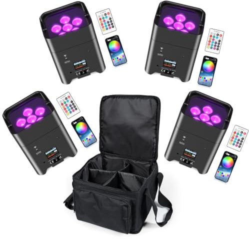 Glowingstage LED Par Akku, 4 Stück 108W 6 in 1 RGBWA+UV Bühnenlicht mit 9600mAh, Lichtpaket, APP Kontrolle, LED Strahler Akku mit DMX und Fernbedienung für Party, Bar, Halloween, Weihnachten