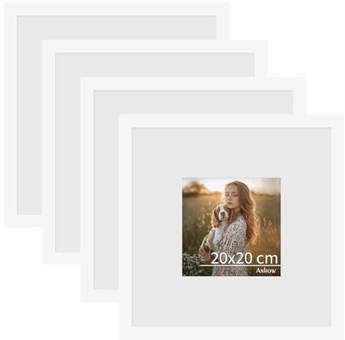 Anhow Bilderrahmen 20x20 cm 4er Set, Weiß Freistehende Fotorahmen mit Passepartout für 10x10 cm Fotos, Horizontal oder Vertikal für Wandbehänge oder Tischdekoration - Weiß