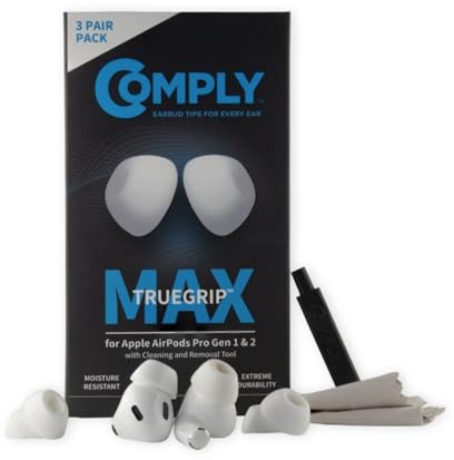 Comply TrueGrip MAX Premium Memory Foam Replacement Ear Tips, White Medium | 3 Pairs, for Apple AirPods Pro 1 & 2, Long Lasting Comfort, Extreme Durability, Secure Fit, Superior Noise Isolation