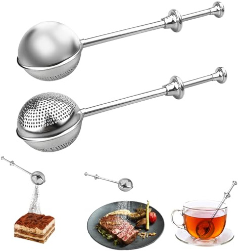 2 bolas de té con mango accionado por resorte, colador de té de acero inoxidable 304, forma de bola para té suelto, café, especias, idea de regalo moderna y minimalista (agujero semicompleto)