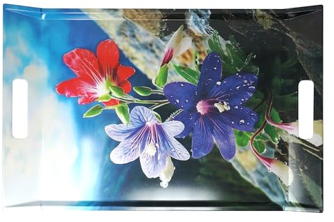 Lashuma Melamin Tablett Küche 54x35 cm, Frühstückstablett XXL rechteckig Motiv: Bergblume