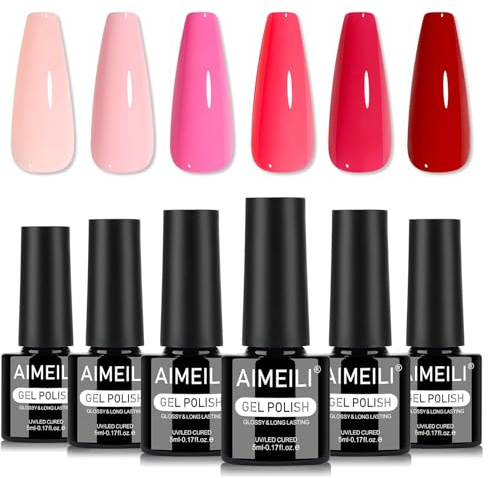 AIMEILI Pink Gel Nail Polish Set 6pcs, Cruelty Free, Vegan, Soak Off UV LED Gel Polish Nail Art Manicure Salon DIY for Women - Kit 82