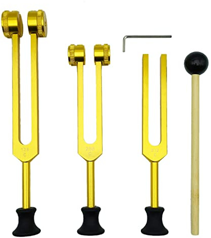Qusedwey 4 Pack Tuning Fork Set(128Hz, 256Hz, 512Hz) with Tuning Fork Hammer for Sound Sound Vibration Tool with Base,Gold