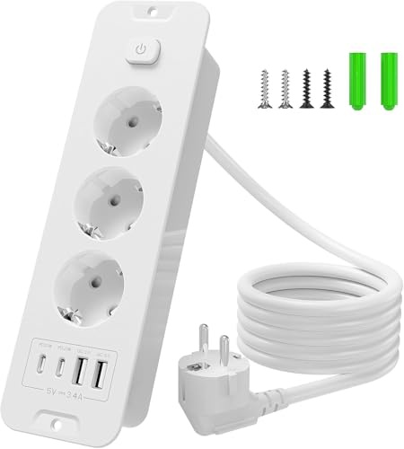 Inhwatek Steckdosenleiste mit USB (PD 20W), 3-Fach Einbausteckdose, 7-in-1 Versenkbare Steckdose Tischsteckdose, Mehrfachsteckdose mit 2M Kabel Für Küche Büro Arbeitsplatte, 16A/3680W