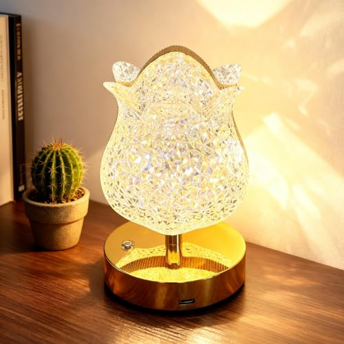 Yarteim Nachttischlampe Touch Dimmbar, LED Tischlampe USB Aufladbar, Kristall Blume Tischlampen, Tischleuchte Outdoor und Indoor, Schreibtischlampe Nachtlicht Kinder für Schlafzimmer Wohnzimmer