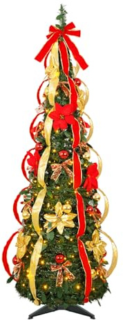 Uten 1.8M zusammenklappbarer Pop-Up-Weihnachtsbaum, künstlicher Weihnachtsbaum mit 300 warmen LED-Lichtern, 8 Beleuchtungsmodi, 24 Weihnachtskugeln, Weihnachtsblumen, Schleife, Band Dekoration