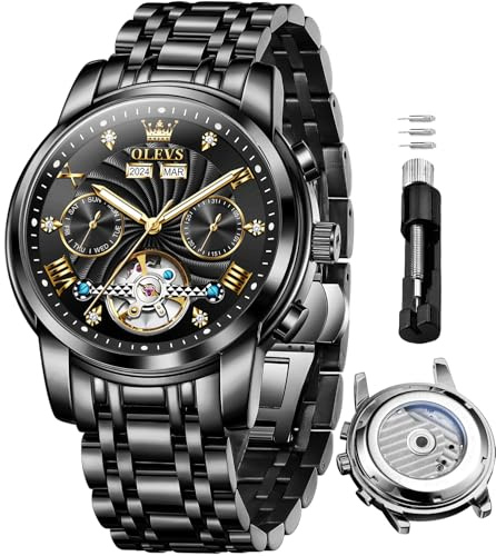 OLEVS Automatikuhr für Herren Business-Dress Mechanische Uhr Edelstahl Wasserdicht Selbstaufzug Klassisches Datum Luxus Diamant-Skelett Herren-Armbanduhr, 7088-all balck