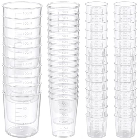 Akamino 50 Pcs Plastic Measuring Cups, 30ml 50ml 100ml Resin Epoxy Mixing Cups, Graduated Medicine Measuring Jugs with Clear Scales, Kitchen Beakers Cups for Cooking, Lab Measuring Tasks