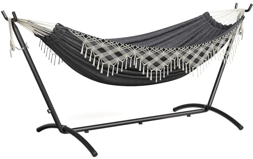 Mondeer Hängematte mit Gestell, Doppelhängematte, Boho, Grau | Hängematte Baumwolle, für 2 Personen, bis 200 kg. Ideal für Garten, Terrasse, Camping. Komfortabel, langlebig
