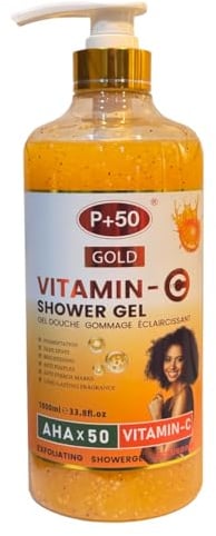 P+50 Gold Vitamin C Brightening & Exfoliating Shower Gel 1000ml – With Alpha Hydroxy Acid AHA – Radiance Boosting Body Wash for Smoother, Even Looking Skin