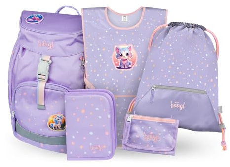 Baagl Schulranzen Mädchen Set 5 Teilig Airy Schulrucksack - Lieblingstiere | Grundschule Ranzen und Airy Schultasche für 1. Klasse bietet funktionale Ausstattung sowie ein atmungsaktives Rückenteil.