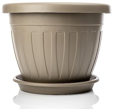 BigDean 40cm Blumentopf mit Untersetzer rund Farbe Mocca wetterfest | Wetterfester Pflanzkübel, Wasserablauf, UV-beständig aus bruchsicherem Kunststoff, Innen & Außen geeignet - Made in Europe