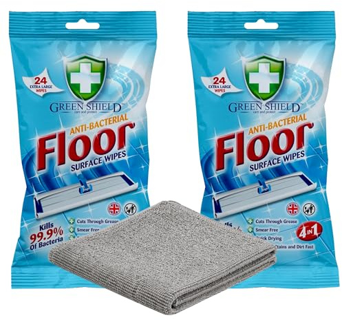 3pk Bundle Greenshield Floor Surface Wipes 24 Pack (Pack of 2) + Microfibre Buffing Cloth – Antibacterial Floor Wipes, 4 in 1 Cleaning, Streak Free Finish