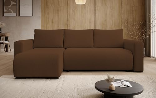 storez24 Ecksofa Tally, Eckcouch in L-Form mit Schlaffunktion und Bettkasten, Farbe: Braun, Bouclé-Stoff, Ottomane Links