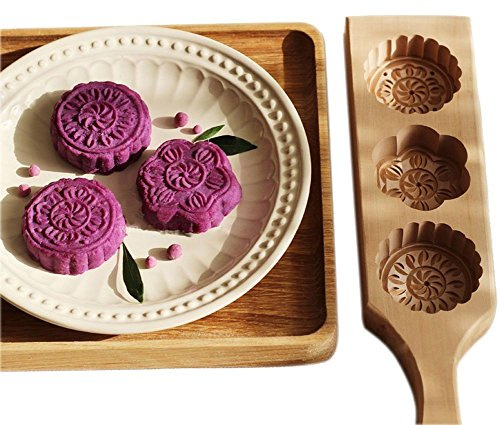 Molde de madera de JKLcom, para pastel de luna tradicional chino, para 3 pasteles, en forma de flor, hecho a mano, para hornear magdalenas, pasteles de luna, galletas de chocolate y tartas de calabaza
