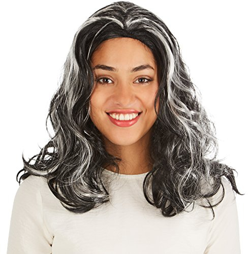 dressforfun Perücke schwarz mit Hellen Strähnen | lang gelockt | Vampir Teufel Hexe Fasching Helloween
