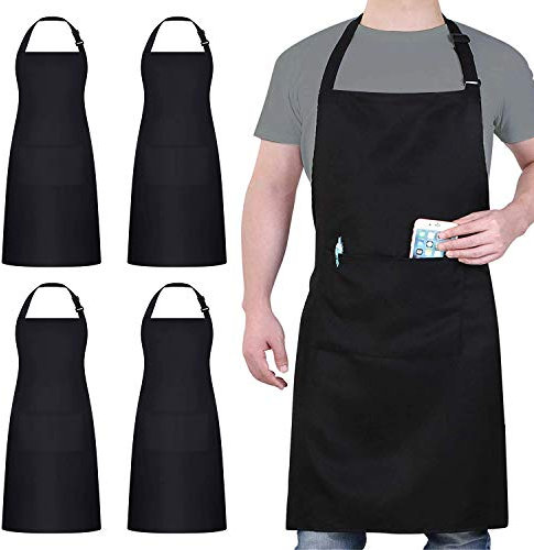 Paquete de 4 delantales de chef, impermeables, delantales ajustables con 2 bolsillos para hombres y mujeres, delantal para cocinar, hornear, restaurante, negro, 78 x 67 cm