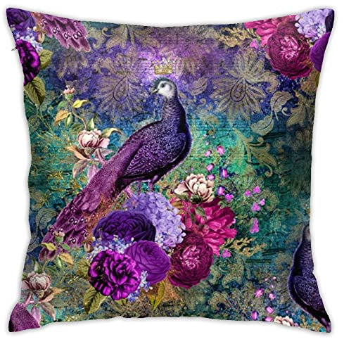 Elegant Purple Teal Peacock Floral Throw Pillow Case Square Cushion Cover for Home Sofa Bedroom Living Room Outdoor garden Car Decorative 45x45cm