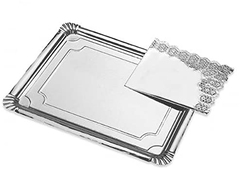 Bandeja de cartón rectangular con blonda plateada 22 x 28 cm, fuente reciclable para pasteles con encaje de papel, especial para fiestas o celebraciones, presentación de postres