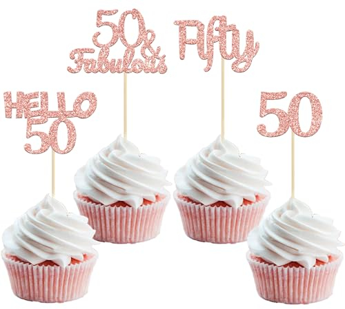 Gyufise 24Pcs Rose Gold Glitter 50th Birthday Cupcake Toppers 50 & Fabulous Cake Decorations Hello 50 Fifty Cupcake Picks 50th Birthday Cake Decorations Supplies