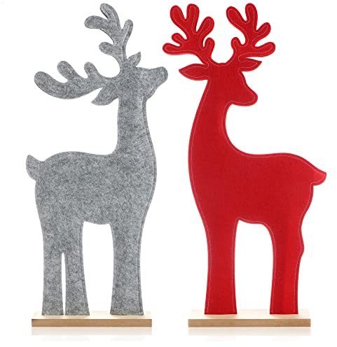 com-four® 2X Dekorativer Aufsteller für Weihnachten - Rentier aus Filz zum Hinstellen - Christmas Aufsteller zum Dekorieren und Verschenken (Rentier - rot grau)