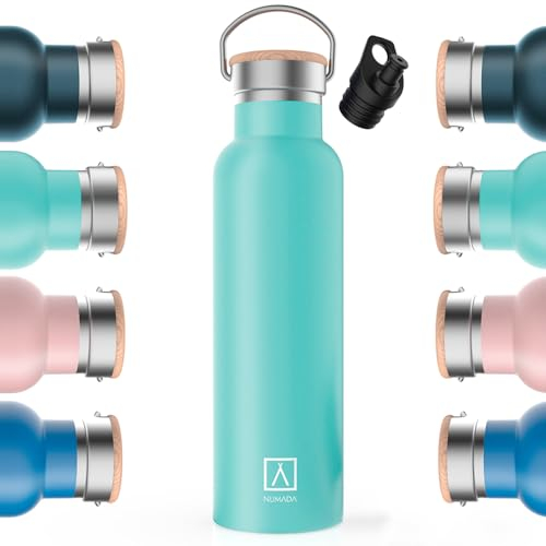 NUMADA-Botella Personalizada con Nombre 600ml de Acero Inoxidable Verde Menta Estanca con Recubrimiento Cerámico|Frío 24H y Calor 12H|Boca Ancha|Libre BPA|Incluye 2 Tapones (1 Sport)/Bolsa Transporte