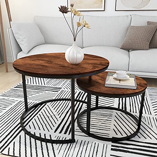 HOMERECOMMEND Runder moderner Nistbeistelltisch für Wohnzimmer, Balkon, Garten, etc, runder Couchtisch aus Holz mit massivem pulverbeschichtetem Metallrahmen, rustikales Braun/Schwarz