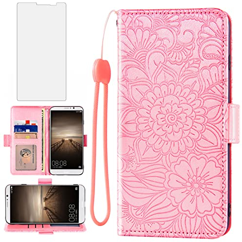 Asuwish Kompatibel mit Huawei Mate 9 Wallet Case und Panzerglas Displayschutzfolie Kartenhalter Ständer Magnetische Leder Flip Cell Zubehör Handyhülle für Hawaii Mate9 MHA-L29 Damen Herren Roségold