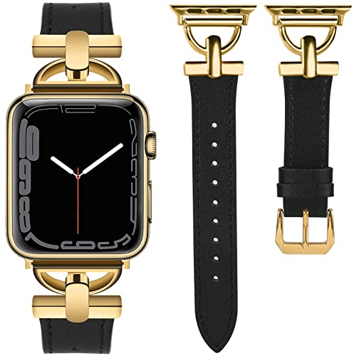 Wearlizer Lederarmband Kompatibel mit Apple Watch Armband 41mm 38mm 40mm 42mm 44mm 45mm 46mm 49mm,Elegant Leder Armband für IWatch Serie Utra 2/1 SE 10 9 8 7 6 5 4 3 2 1,Schwarz/Gold