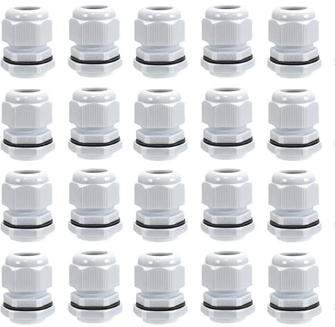 20 Pack M20 20mm IP68 Waterproof Nylon Cable Glands, Suitable for 6mm - 12mm Cables (White)