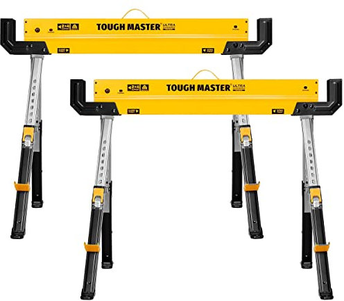 TOUGH MASTER Saw Horse Twin Pack 9-Position Height Adjustable Heavy Duty Steel Workbench 62-82cm Supports up to 1180 kg Folding Saw Anti-Slip Top & Handle Sawhorse for Contractors, Carpenters, DIY