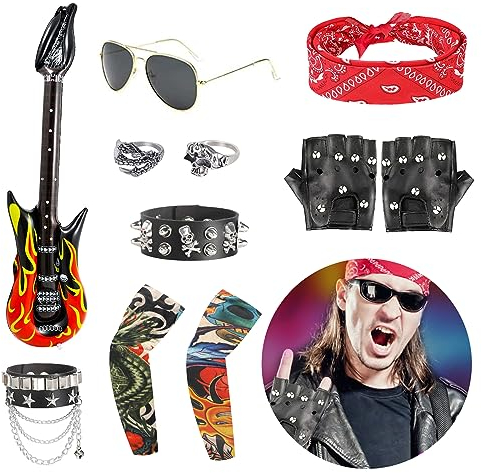 FASBET 11 Stück Rocker Kostüm Herren Rockstar Kostüm Kinder, enthält 1 Brille 2 Ärmel 2 Ringe 2 Armbänder 2 Handschuhe 1 aufblasbare Gitarre 1 Stirnband, Punk Rock Star Fancy Dress Kinder Jungen