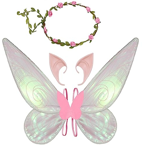 Jeackcelle Ailes de fée pour filles et femmes, ailes de papillon pour adultes, costume d'Halloween, ailes d'ange avec bandeau, oreilles d'elfe, déguisement, fête de costumade (rose)
