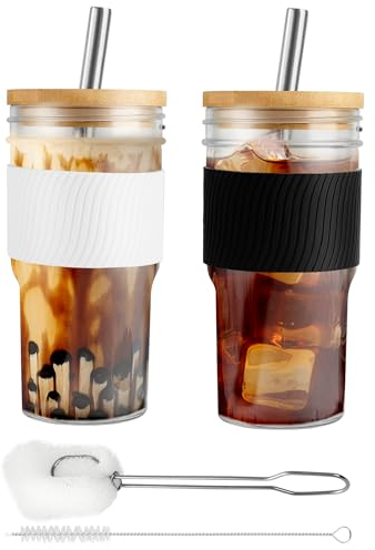 2 Pack Glass Cups with Lids and Straws 22oz/650ml Reusable Glass Tumbler Iced Coffee Cup with Bamboo Lids and Stainless Steel Straws Drinking Glasses Cups Set for Coocktail, Whiskey, Beer, Milk, Juice