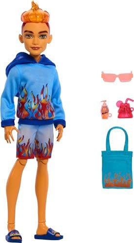 Monster High Scare-adise Island Heath Burns Doll Age 4+ with Flame Hoodie, Swim Trunks and Beach Accessories Like Sunglasses