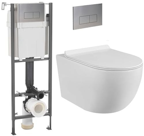 Pack Complet WC Sans Bride Bati Autoportant + Cuvette Suspendue Sans Bride + Plaque (Bâti initio sur mur porteur, Plaque inox)