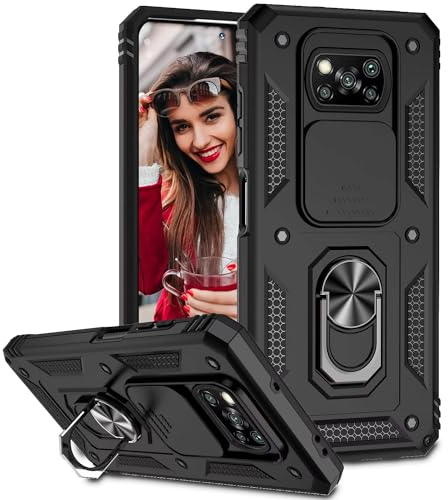 POUHYE Handyhülle für Xiaomi Poco X3 NFC/Poco X3 Pro Hülle, [Slide Camera] Hybrid Militärqualität Stoßfest Bumper Outdoor Handyhülle mit 360° Drehbarer Metall Ring Ständer Schutzhülle Case Schwarz