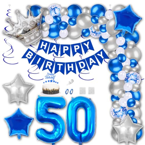 Aabellay 50 Jahre Geburtstag Dekorationen Blau Geburtstagsdeko Happy Birthday Banner Silber Konfetti Luftballons Nummer Folienballons Krone Stern Mylar Foil Ballon Tortendeko für Mann Frauen