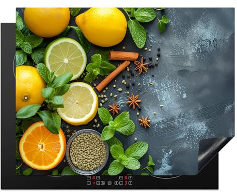 KitchenYeah© Protège Plaque Induction 77x59 cm Deco Cuisine Protection Pour Plan De Travail Cuisson Protégé Fruits - Béton - Plantes - Citron - Cannelle