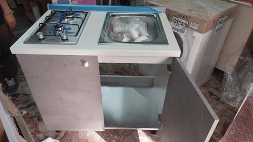 Minicucina tutto in 90cm con piano cottura e lavello vari colori (Cassa bianco opaco + ante Cemento)