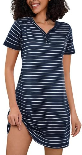 Bresdk Camisones de Mujer Algodón Manga Corta Camisón con Cuello en V y Botones a Rayas Verano, Azul Marino, S